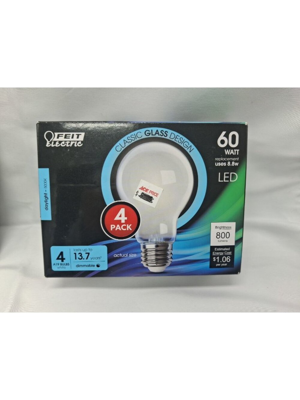 4 Feit Electric LED A19  Light Bulbs. GLASS - 60W Equivalent, Daylight 500k